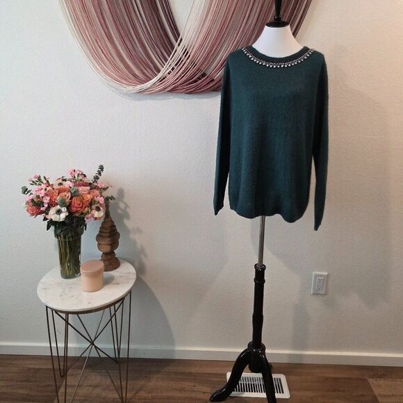 Hinge Embellished Emerald Sweater Sz L - Picture 1 of 5